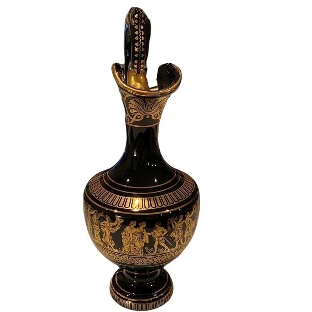 Vintage i. Spyropoulos Greek Black Mythology Vase. Hand Made in Greece 24K Gold